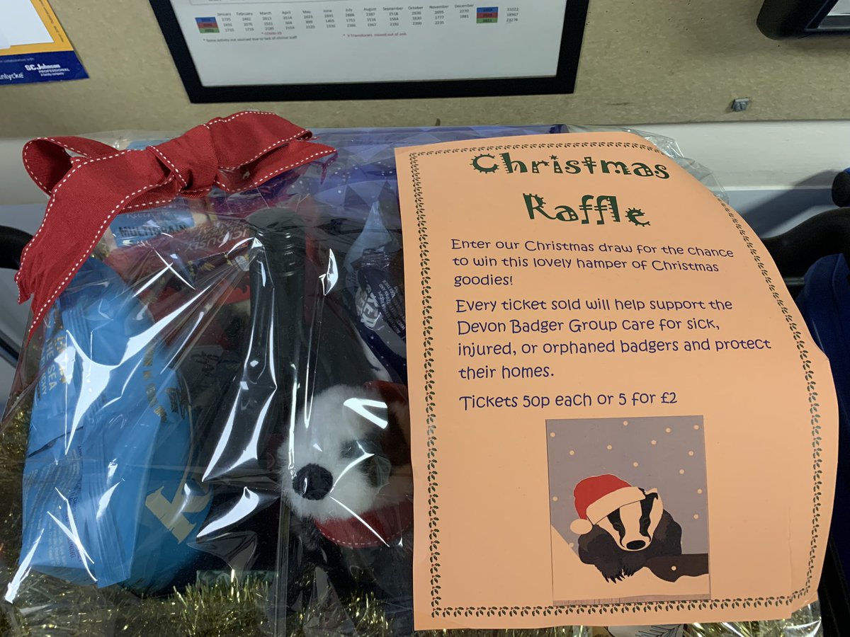 Christmas Hamper Raffle in SDU, 50p a ticket or a strip for £2.  If you would like to grab a ticket come along and see Jenny Pike, the money raised will support the Devon Badger Group. @UHP_NHS @pjwright01 https://t.co/7shn0BJcxd