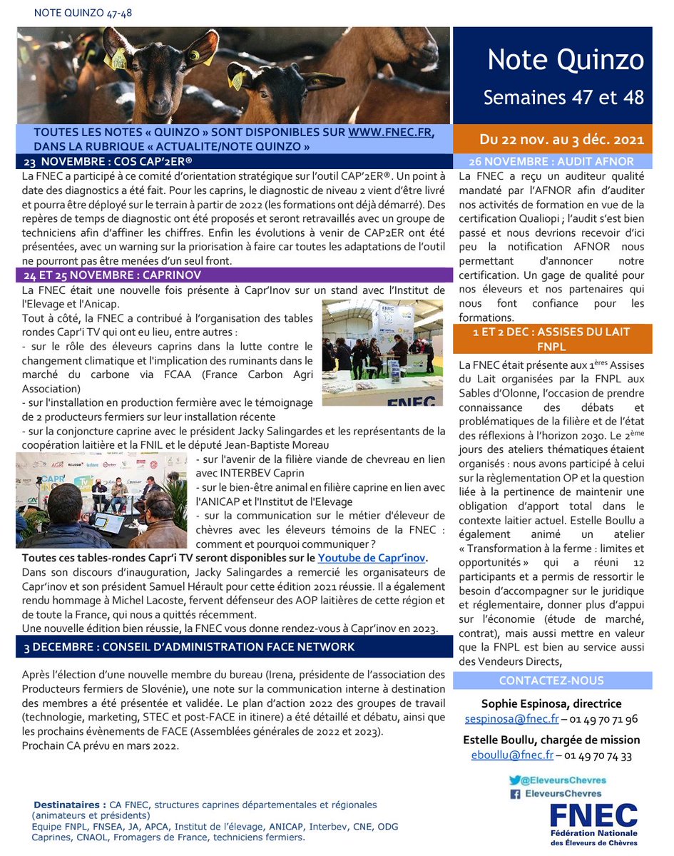 EleveursChevres's tweet image. 🗞️ Retrouvez la dernière #NoteQuinzo de la #FNEC 🐐

Au programme : le COS #Cap2ER, un retour sur #CaprInov 2021, les conclusions de l'audit Afnor et le référentiel #Qualiopi sur notre activité de formation, les Assises de la #FNPL, et le conseil d'administration de #FACEnetwork