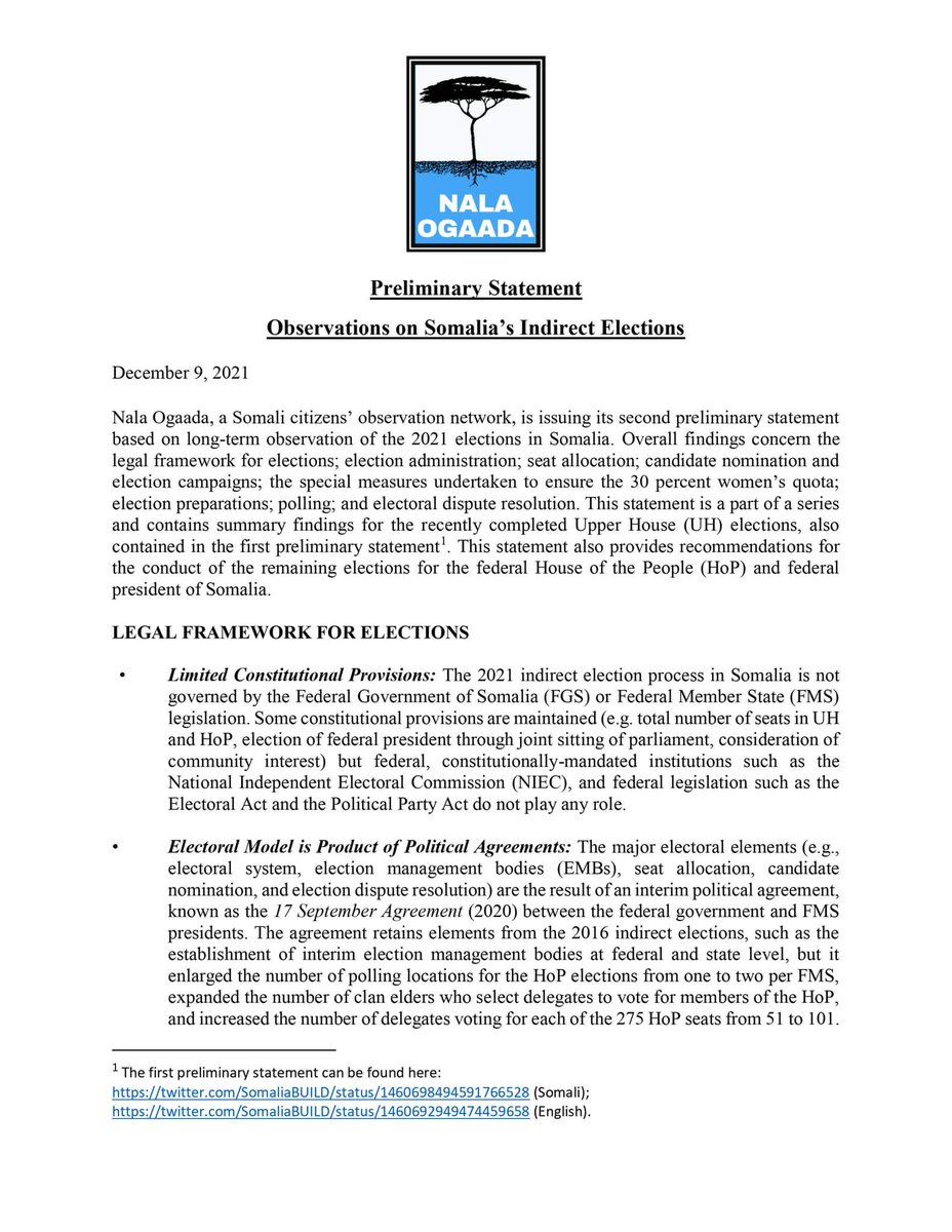 nalaogaada's tweet photo. The domestic observation team, @NalaOgaada has issued the below multi-faceted statement regarding the technical aspects of the electoral process. The statement specifically focuses on electoral integrity and accessibility of the observers.
#Somalia    (1/2 https://t.co/YEBiCJwudd