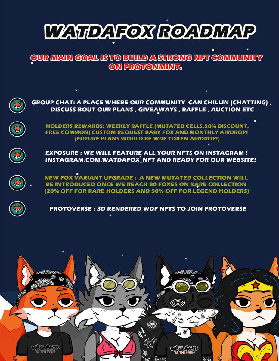 Watdafox_NFT's tweet photo. Watdafox Roadmap 🦊

#protonmint #xpr https://t.co/0l3aFIaMQT