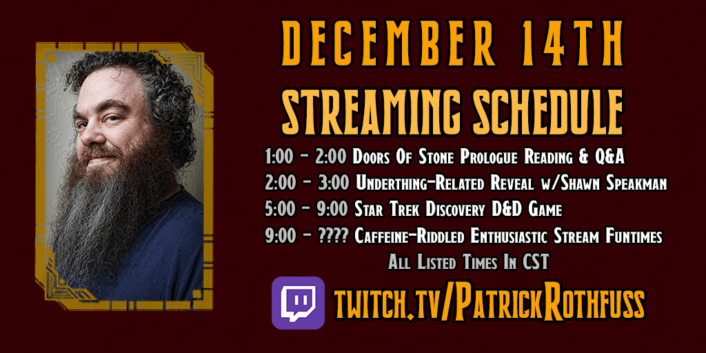 arbolsonriente's tweet photo. Mañana a las 8:00 (hora española) Rothfuss hará un streaming donde leerá el prólogo de #TheDoorsOfStone, un capítulo completo de la obra y responderá preguntas🤔
¿Habrá novedades al fin de la tercera novela de Kvothe? 👀 https://t.co/jS8J7amiGf