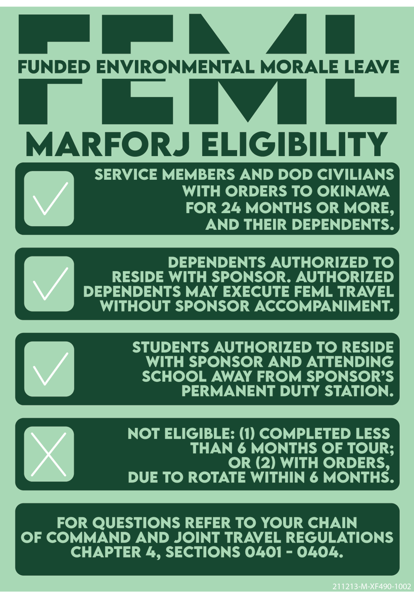 IIIMEF's tweet photo. Attention MARFORJ personnel. Funded Environmental and Morale Leave (FEML) has been approved for Okinawa! Please visit the link below for more details on FEML.

https://t.co/5Vdd6hVmzP https://t.co/Q4wGymyhLQ