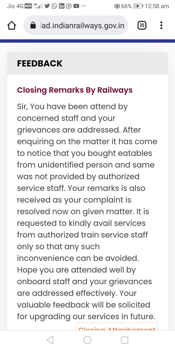 cmarehan's tweet photo. @RailwaySeva @RailMinIndia @IRCTCofficial This is the auto generated feedback. I hv not taken the complaint back. The train staff came and started pressurising to take back complaint forcely by saying these r unapproved food from outside &amp; said they r selling food in the train illegally in IRCTC uniform @IRCTCofficial https://t.co/IfRZjvJ6IG