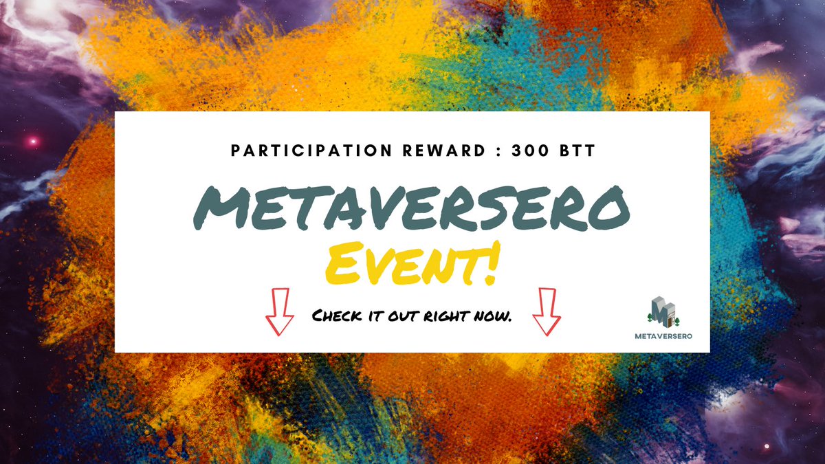 ❣️ METAVERSERO Event!❣️

METAVERSERO = META+UNIVERSE+ROAD 

🎁Reward: 300 BTT

💫 How to participate
1. Join Telegram
▶️ t.me/metaversero_in…
2. Follow Twitter, like &amp; RT
▶️ x.com/metaversero
3. Follow Medium
▶️ medium.com/@metaversero
4. Submit Form

For 1,000 winners!