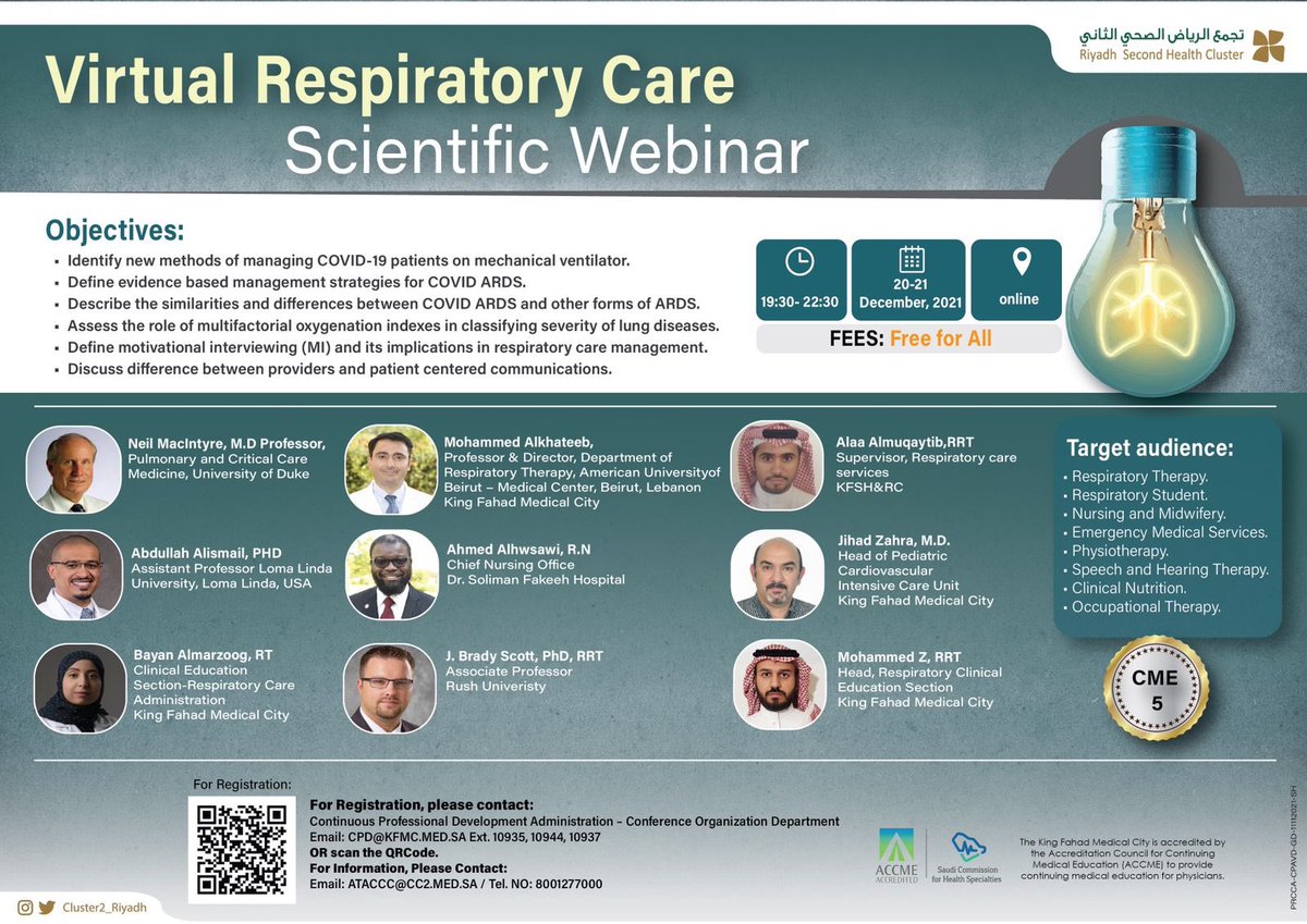 المؤتمر العلمي للرعاية التنفسية 

🗓 ٢٠-٢١ ديسمبر ٢٠٢١م 
⏱ ٧:٣٠م- ١٠:٣٠م

📍للتسجيل:
zoom.us/webinar/regist…

#تجمع_الرياض_الصحي_الثاني