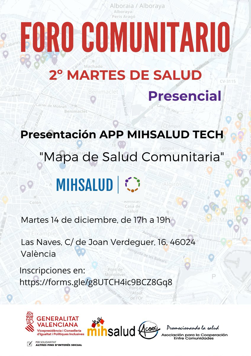 Aún puedes inscribirte al Foro de Salud Comunitaria #mihsalud
Os presentaremos la 'APP MIHSALUD TECH: Mapa de Salud Comunitaria'.
🗓️ Martes 14 de Diciembre
⏰ de 17h a 19h

📍 LAS NAVES, C/Joan Verdaguer, 16  València.

📝 Inscripciones en: forms.gle/g8UTCH4ic9BCZ8…