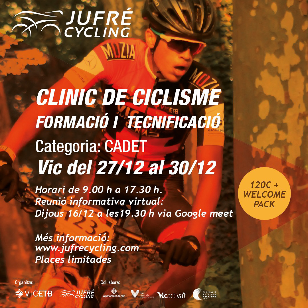 Arriba el primer Clinic de Ciclisme!

Enfocat a la competició, formació i tecnificació dels i les ciclistes de la categoria cadet.
Del dilluns 27 al dijous 30 de desembre, a les instal·lacions 📍Jufré Cycling de Vic.
Per més informació: jufrecycling.com
#jufrecycling