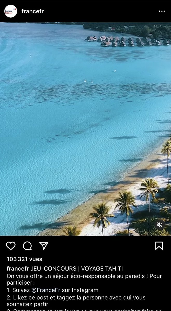 L’office du tourisme français, un compte officiel avec 180000 followers, propose sur Instagram un voyage éco responsable... pour Tahiti.
Un voyage d’environ 6 tonnes CO2eq, soit 3 ans de budget carbone cible.

Est-ce trop de demander que ce gouvernement arrête les conneries ?