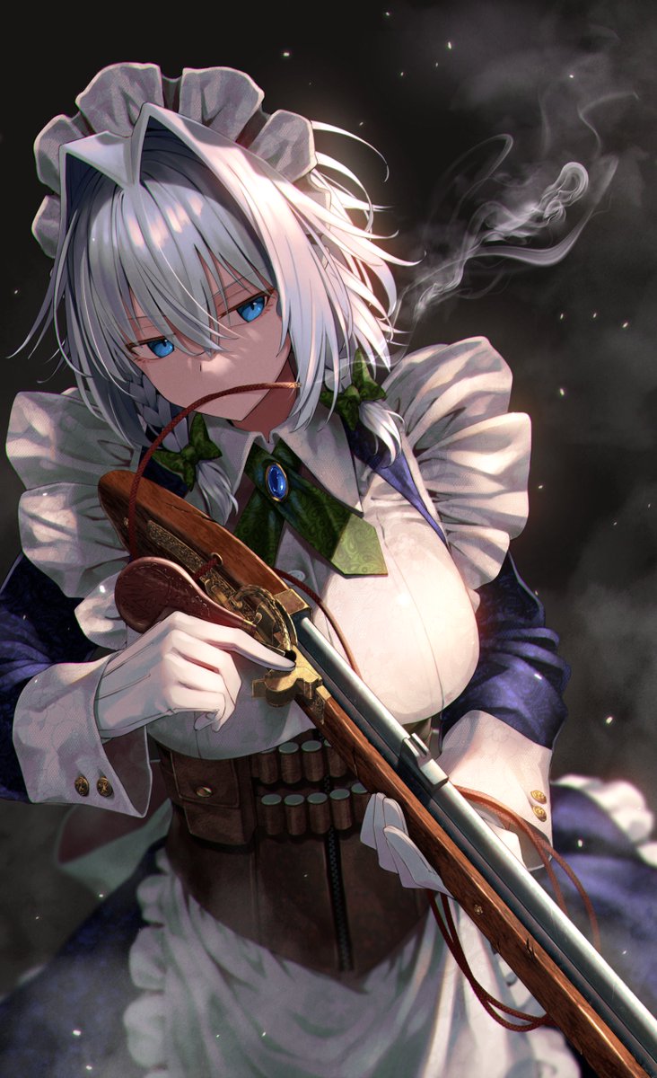 izayoi sakuya 1girl solo weapon gun blue eyes maid headdress smoke  illustration images
