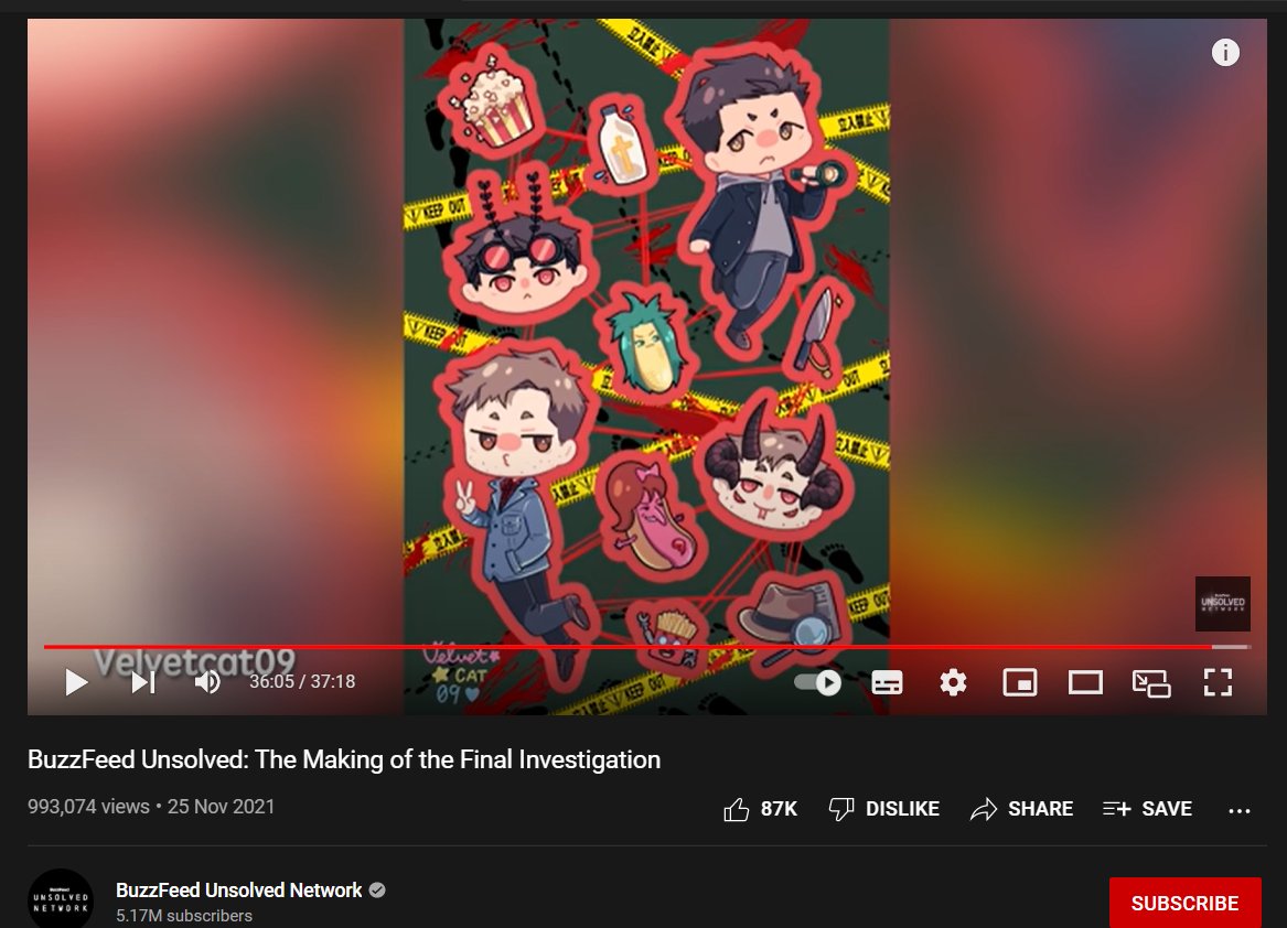 Cing_Kucing's tweet photo. i didnt realize that my art got featured on the last bfu vid 😭😭i submitted my zine sticker design for the last video farewell aaaaaa thank you so much buzzfeed unsolved https://t.co/BkvOF3xD0J