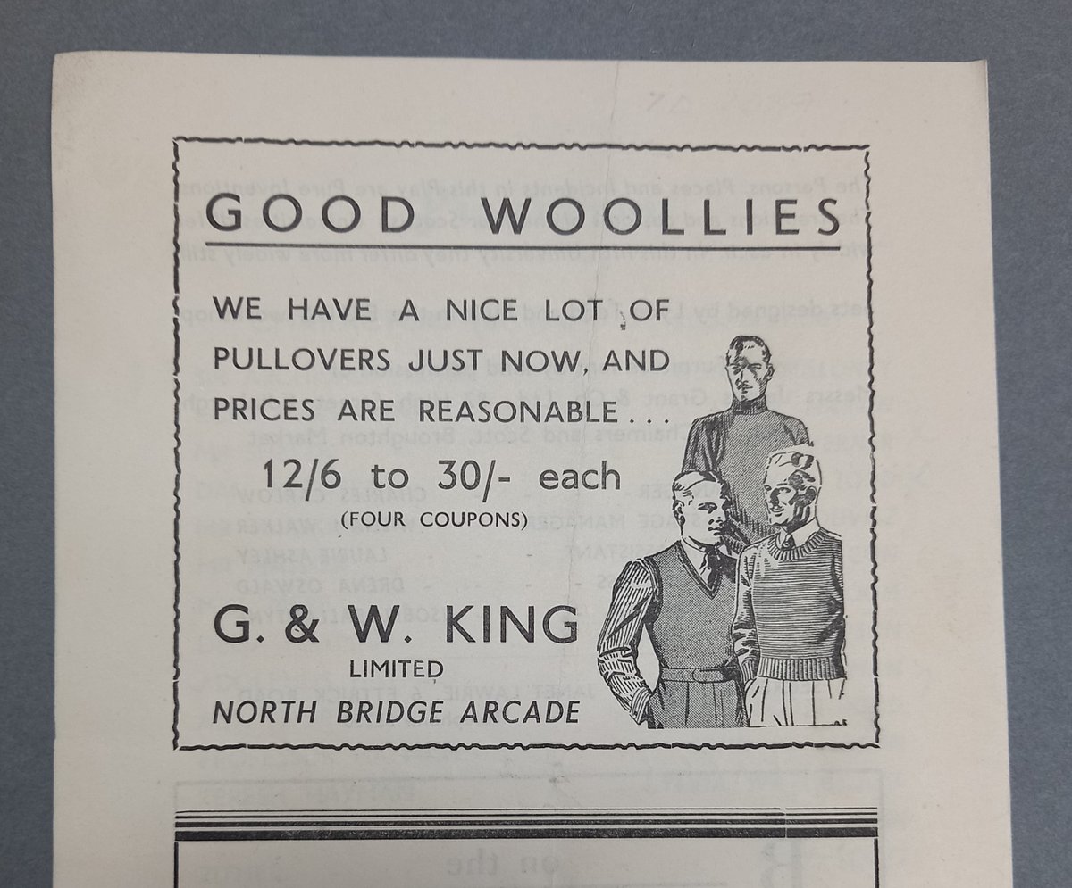 Today's #ArchiveAdventCalendar theme is #FestiveClothes Here's a 1948 advert for knitwear from a theatre programme in the papers of playwright James Bridie