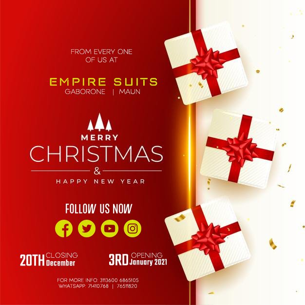 empirebw's tweet photo. From Everyone of us at Empire, We wish you a Merry Christmas and a happy, Healthier and prosperous 2022

PLEASE NOTE. We are closing on the 20th of December 2021 and we Open on the 3rd of January 2022. https://t.co/78CzQ76qKe