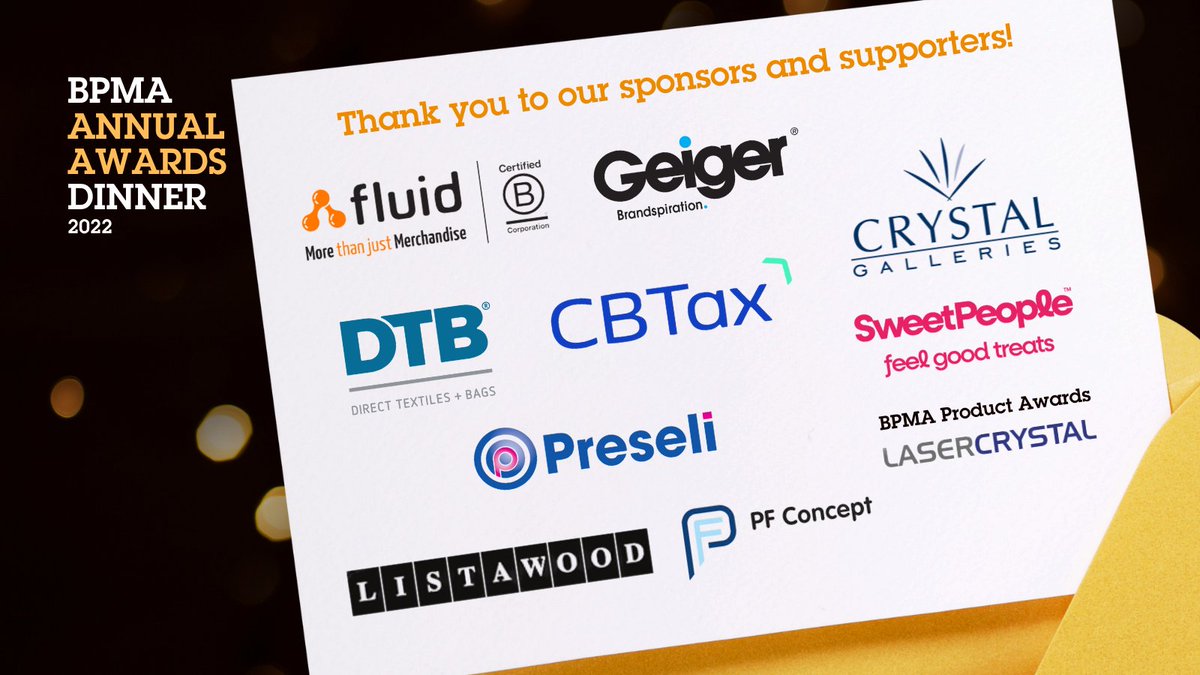 A HUGE thank you to all our sponsors and supporters for the #bpma #2022 #AnnualBPMAAwards! To find out more head over to bpma.co.uk <a href="/fluidbranding/">Fluid Branding | A Division of Brand Revolution</a> <a href="/uk_geiger/">Geiger - UK</a> DTB CBTax <a href="/PreseliLtd/">Preseli</a>  <a href="/PFConcept/">PF Concept</a> <a href="/CrystalGallerie/">Crystal Galleries</a> <a href="/TheSweetPeople/">The Sweet People Ltd</a> LaserCrystal Listawood