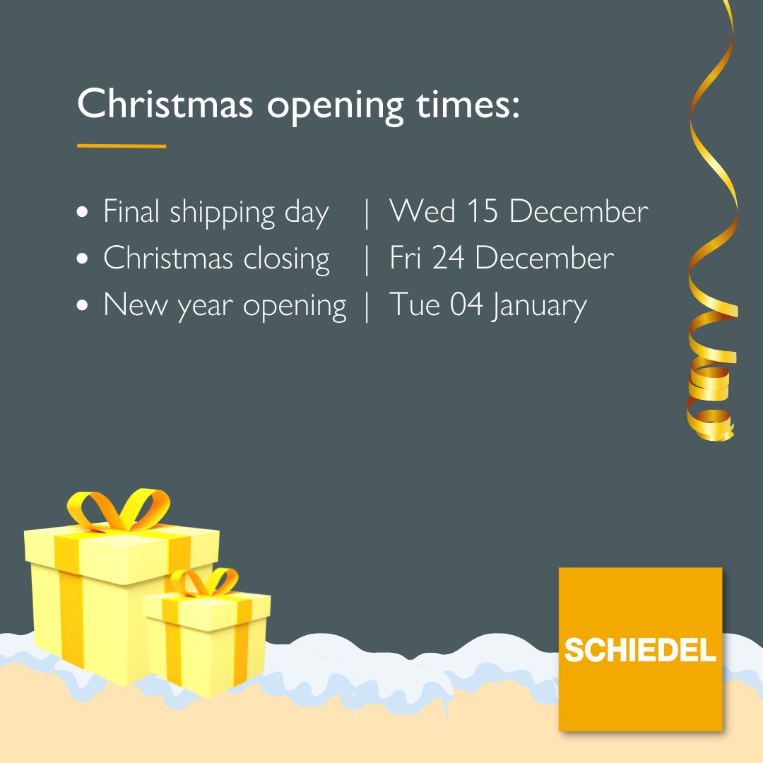 SchiedelUK's tweet photo. We would like to advise all of our customers that this year Schiedel's Christmas timetable will be a follows:

Final shipping day: Wed 15 Dec 
Christmas closing: Fri 24 Dec 
New year opening: Tue 04 Jan 

#openinghours #christmasdays #christmakebreak #runuptochristmas https://t.co/Q8S24aVfr0