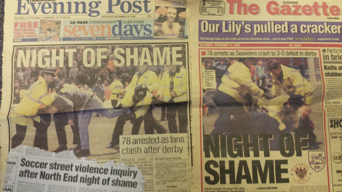 25 years (!!) since the #PNE v #BlackpoolFC "Night of Shame". One daft lad ran the length of the pitch to try and fight the away end as the game played on. Fights into the early hours. 78 arrests. Preston Mags Court booked out for two days. More or less wrote my PhD for me.