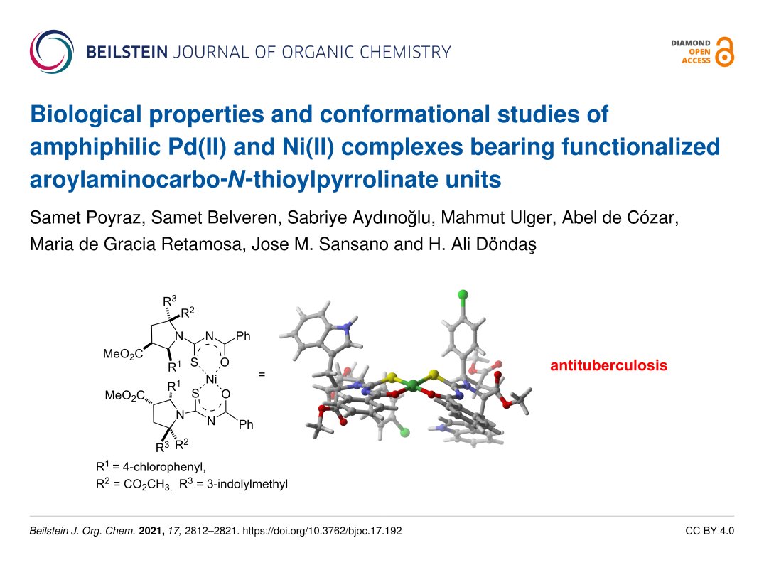 BeilsteinInst's tweet image. #MetalComplexes with #BiologicalActivity - novel palladium(II) &amp;amp; nickel(II) complexes of multifunctionalized aroylaminocarbo-N-thioylpyrrolinates were synthesized @MersinUniversty &amp;amp; @cukurovaedu 🇹🇷

#metallosurfactants #antituberculosis #DFT

🔗 beilstein-journals.org/bjoc/articles/…

#BJOC