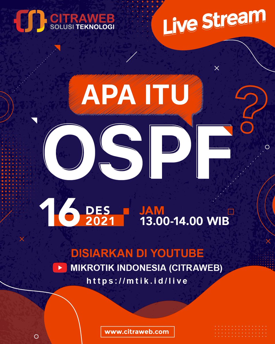 mikrotik_id's tweet image. Minggu ini kita akan #LiveStreaming dengan pembahasan tentang Open Shortest Path First (OSPF) yang akan ditayangkan melalui Youtube Channel Mikrotik Indonesia (Citraweb)
📺youtu.be/lSPyJB2C22U
📌 Kamis 16 Des 2021
🕐 13:00-14:00 WIB
#OSPF #DynamicRouting #MikroTik