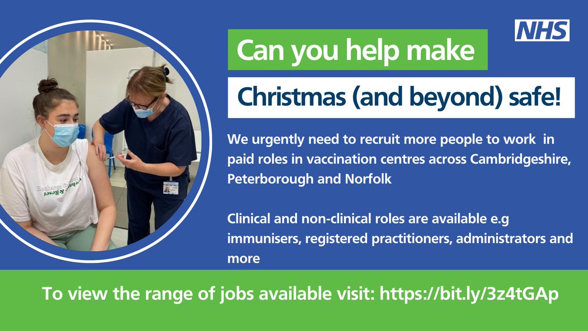 We urgently need more people to join our fantastic #Covid-19 vaccination teams in paid roles at centres across Norfolk, Cambs &amp; Pboro.  From administrators, vaccinators and other clinical roles – you can find out more 👉 bit.ly/3z4tGAp
💙👏#CCSVaccs #CovidBooster