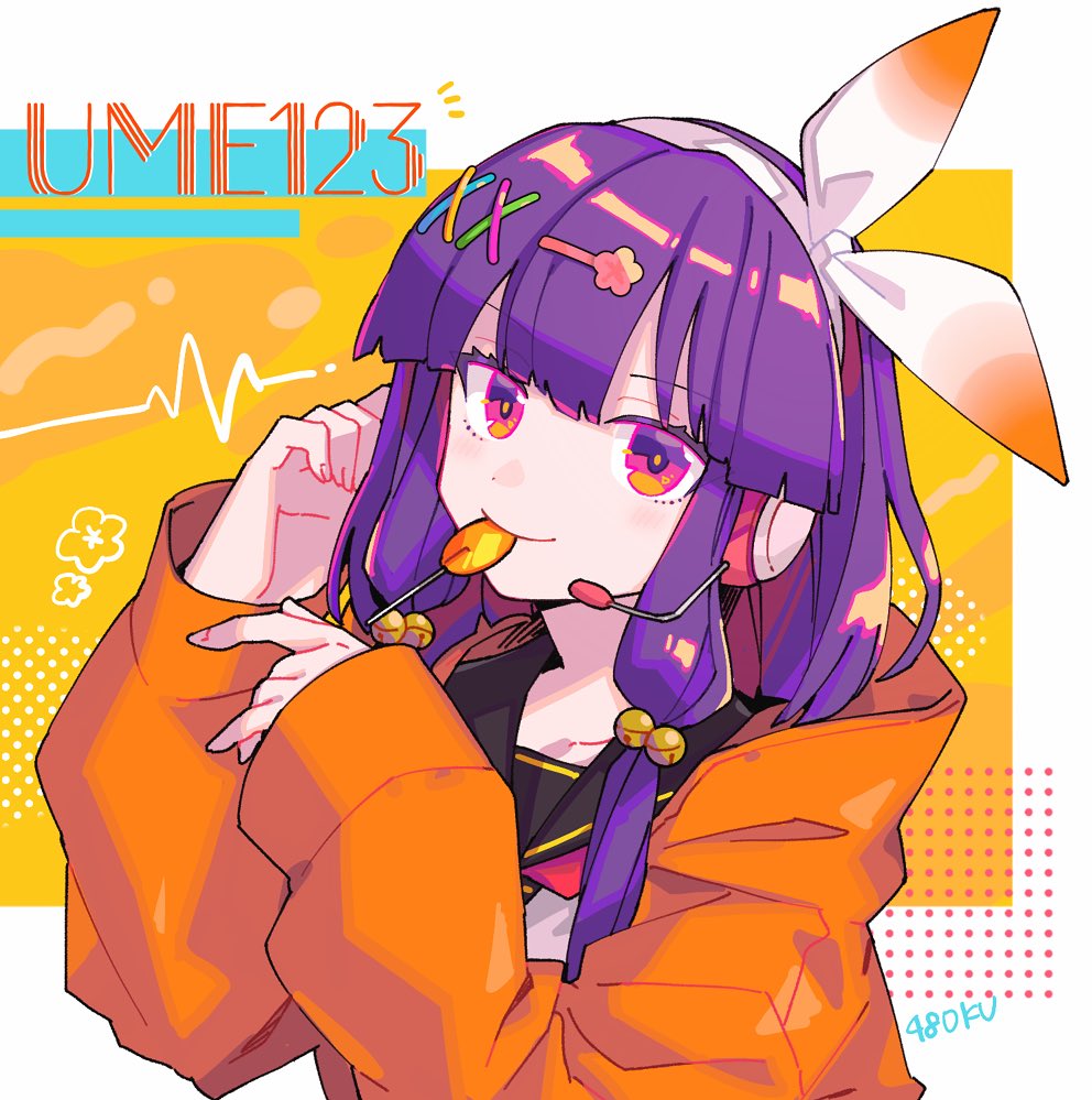 1girl solo hair ornament purple hair orange jacket jacket upper body  illustration images