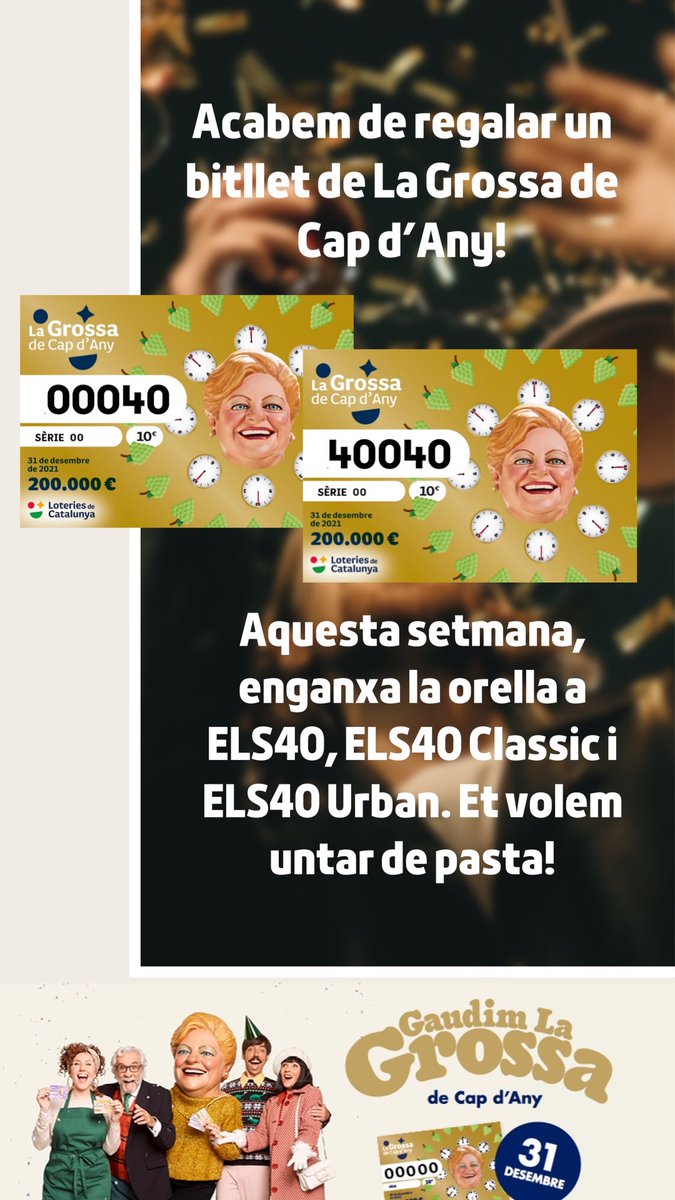 Atrapa el teu dècim de <a href="/lagrossacat/">La Grossa</a> durant aquesta setmana!🎉

Escolta ELS40, ELS40 Classic i ELS40 Urban per emportar-te una pasta🤑