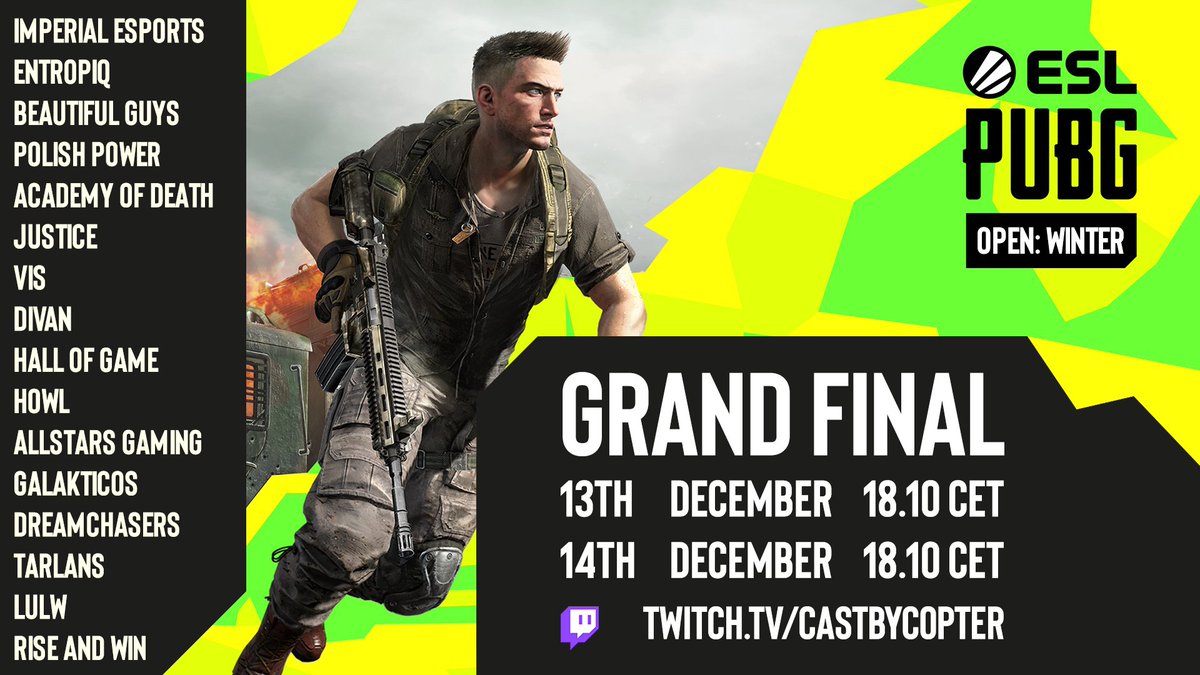 It starts tonight! <a href="/ESLPUBG/">ESL PUBG</a> Open: Winter GRAND FINAL! ❤️‍🔥

16 best teams came through the open qualifiers &amp; upper and lower brackets. The best of 12 series will decide who will be on top after 2 days of gaming! 💪

🇬🇧 18.10 CET twitch.tv/CastByCopter

I ♥️ #PUBG <a href="/PUBGEsports/">PUBG Esports</a>