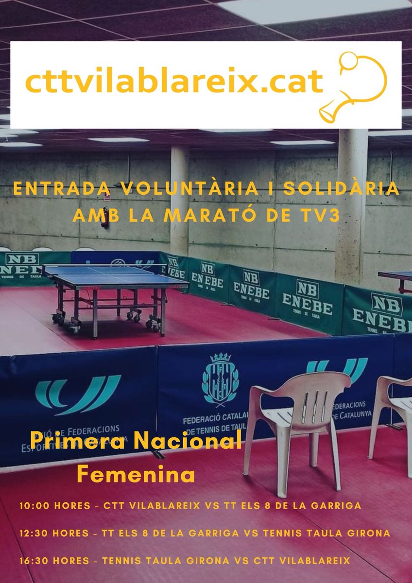 cttvilablareix's tweet photo. Aquest dissabte jornada de Primera Nacional Femenina amb entrada voluntària i solidària amb la Marató de TV3 i retransmissió en directe dels 3 partits pel canal de Twitch del club, https://t.co/bRAOgu9HQi
#somgrocs #cttvilablareix #ttgirona @ttgirona @fcttcat @Vilablareix_cat https://t.co/Mp0XQ49rOx