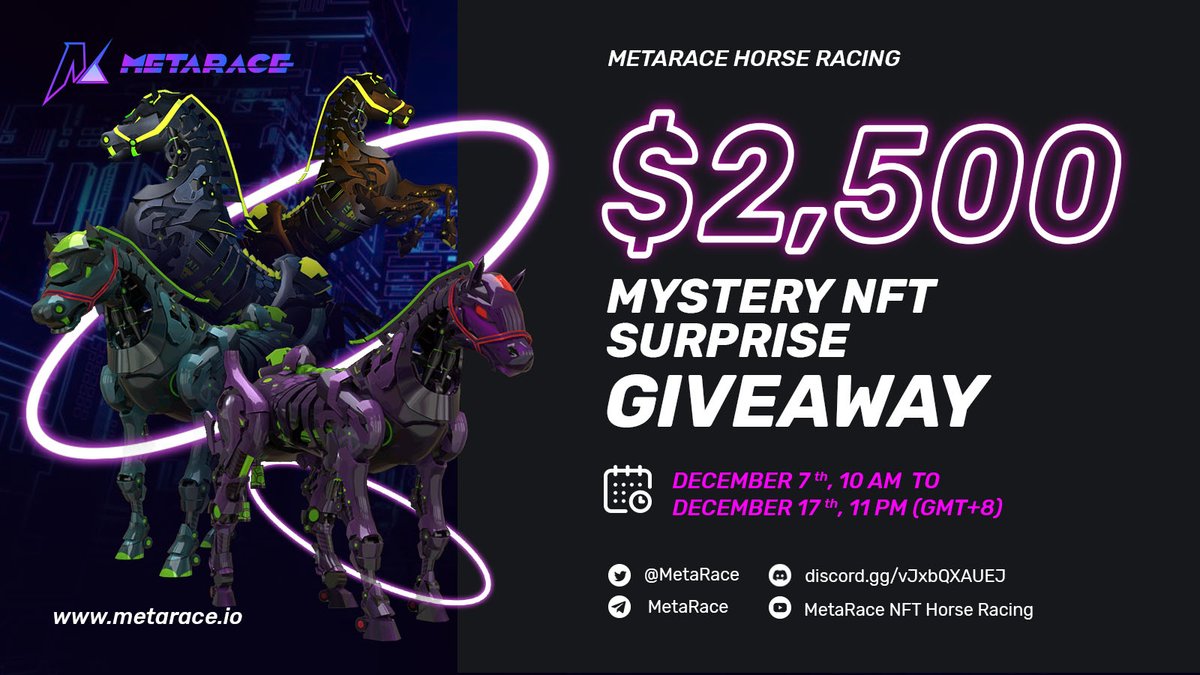 MetaRaceNew's tweet photo. #MetaRace 🎁$2500 #NFTs Mystery Box Surprise Giveaway

December 7th-December 17th,11 pm (GMT+8)

It’s going to be an A LEVEL CONTEST. THE MORE ACTIVE YOU ARE THE LUCKIER YOU GET.
🕹https://t.co/sbGe5tVmVA

#GameFi #PlayToEarn #NFTGame https://t.co/jXvWdqkTXR