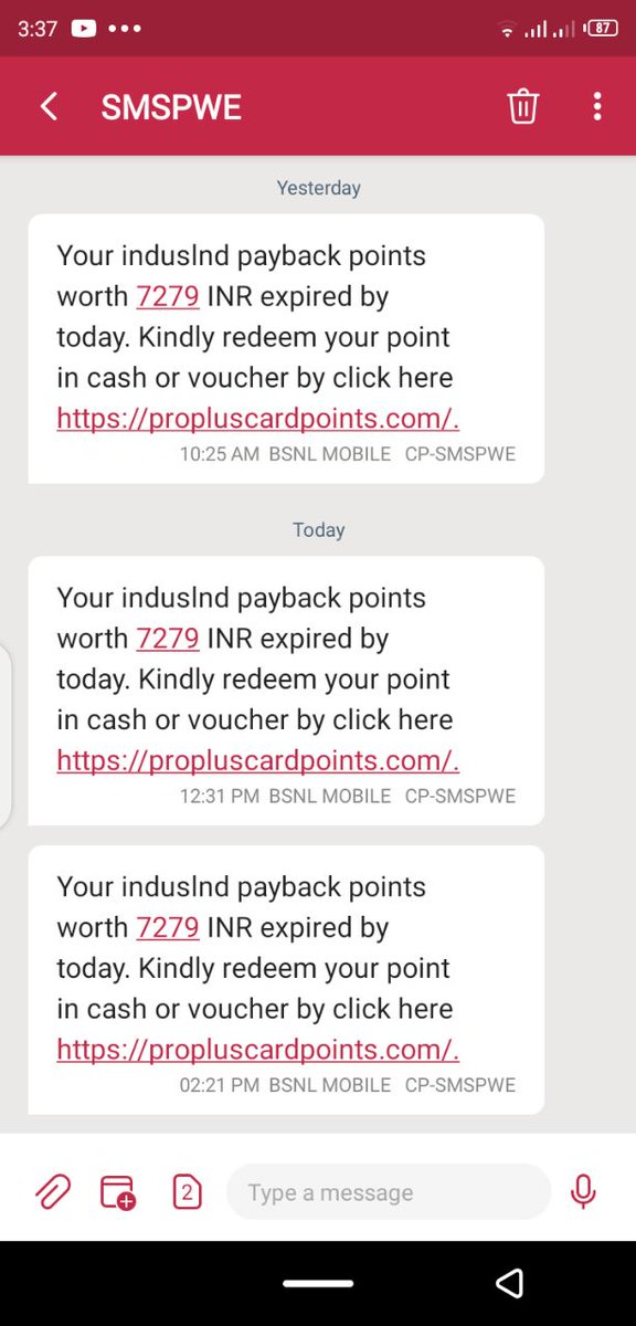 DebaroonGupta's tweet photo. @MyIndusIndBank Kindly check email "Priority - Phishing/Scamming attempt" sent to reachus@ and customercare@ aliases. Received SMS twice informing me to redeem credit card points worth ~Rs 7200. Funny thing I do not hold a II CC. :P https://t.co/QgEoOrF7KA