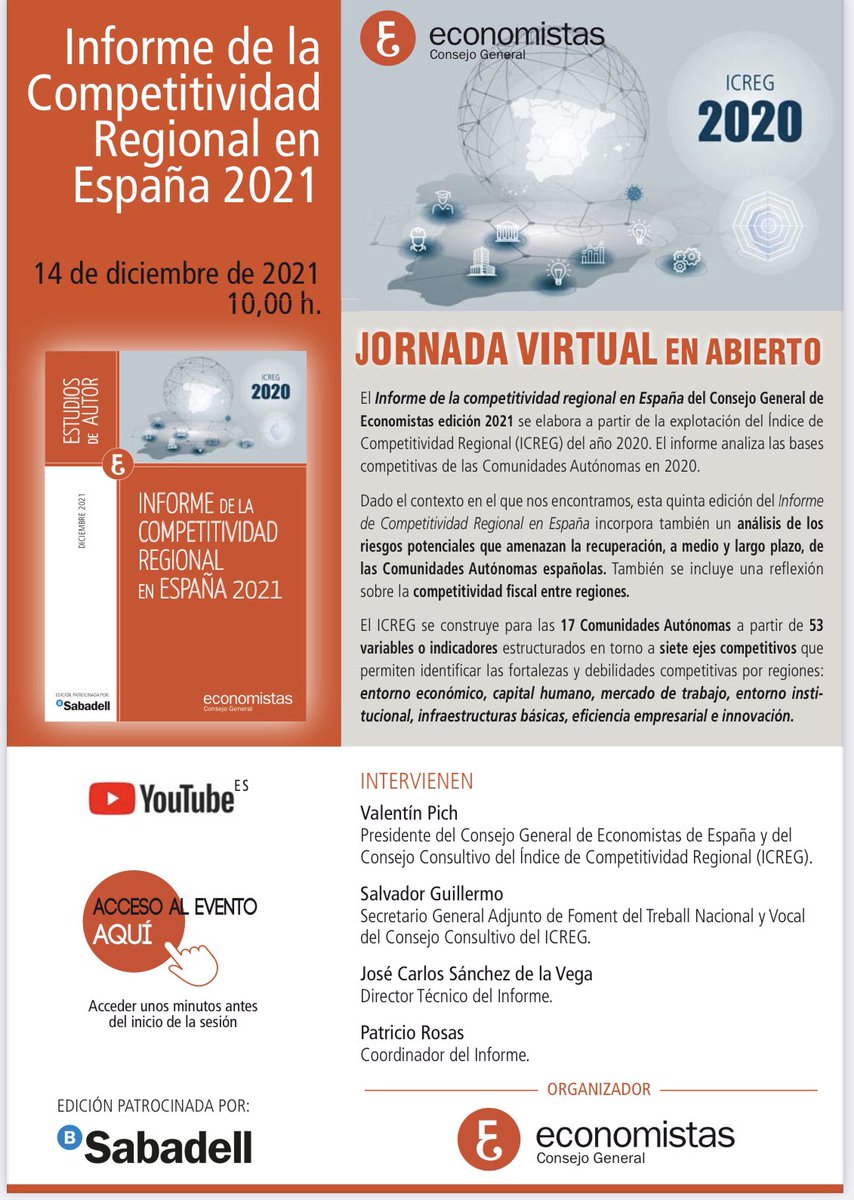 catedra_compet's tweet photo. 📣 14 diciembre 10h Presentación del “Informe de la Competitividad Regional en España 2021” #ICREG 2020. Con referencia a las posiciones de las CCAA, su dinamismo y ventajas competitivas. 
Síguelo en ▶️En youtube: https://t.co/VWra0SG99V https://t.co/D8hG3NQNbK