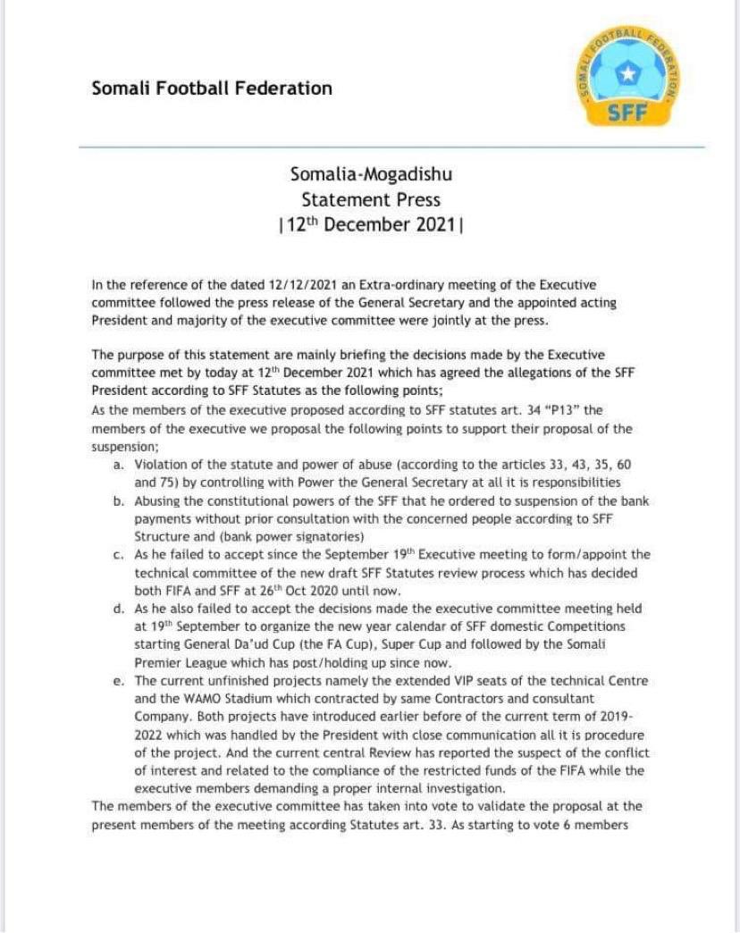 Romain_Molina's tweet photo. Somali FA is one of the most corrupted federations in the world.

After months of tension, the executive committee finally suspended the president of the federation (abuse of power, conflict of interest, money that went missing...)

But the fight for the power isn’t over yet... https://t.co/XAJIK446Cw