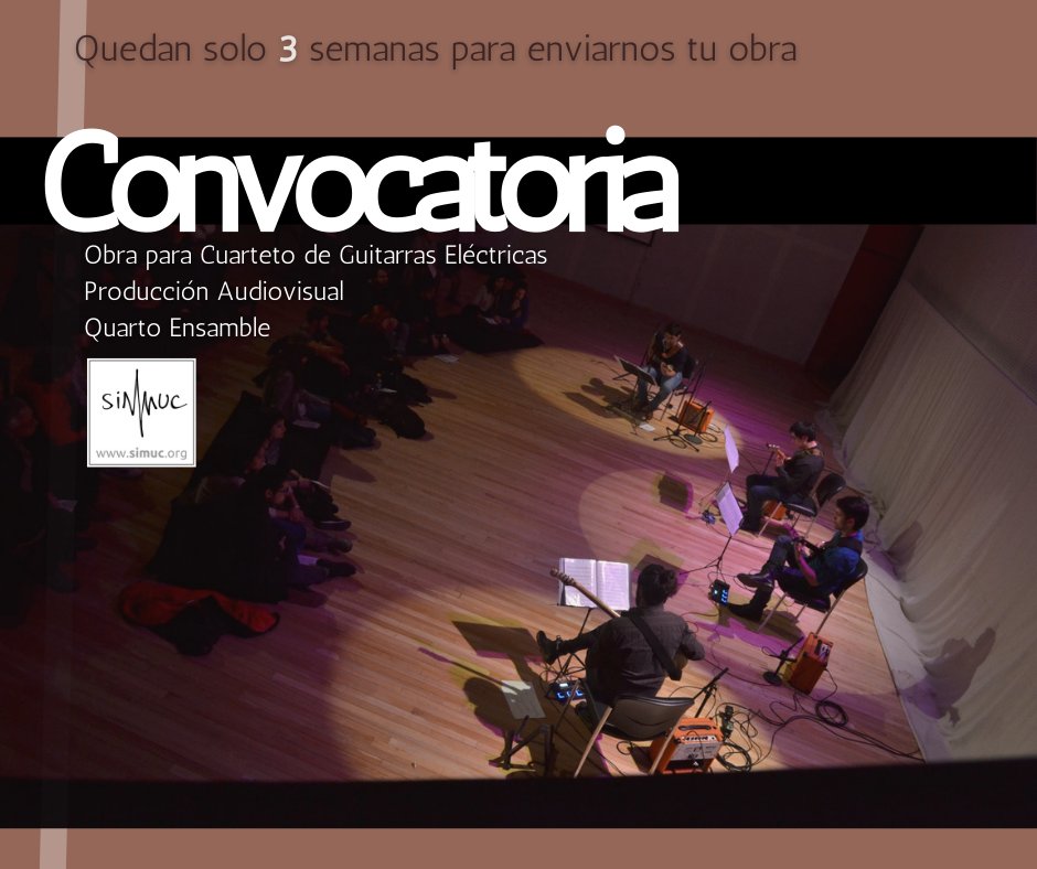 simuc_'s tweet photo. Sigue la cuenta atrás para enviarnos obras para cuatro guitarras eléctricas. Plazo: domingo 9/1/22. Una oportunidad buenísima para hacer circular tu música por Chile y el mundo. La obra será grabada en una producción audiovisual profesional. #simucCall https://t.co/nTIH876Hkr https://t.co/xUFGDpNgdh