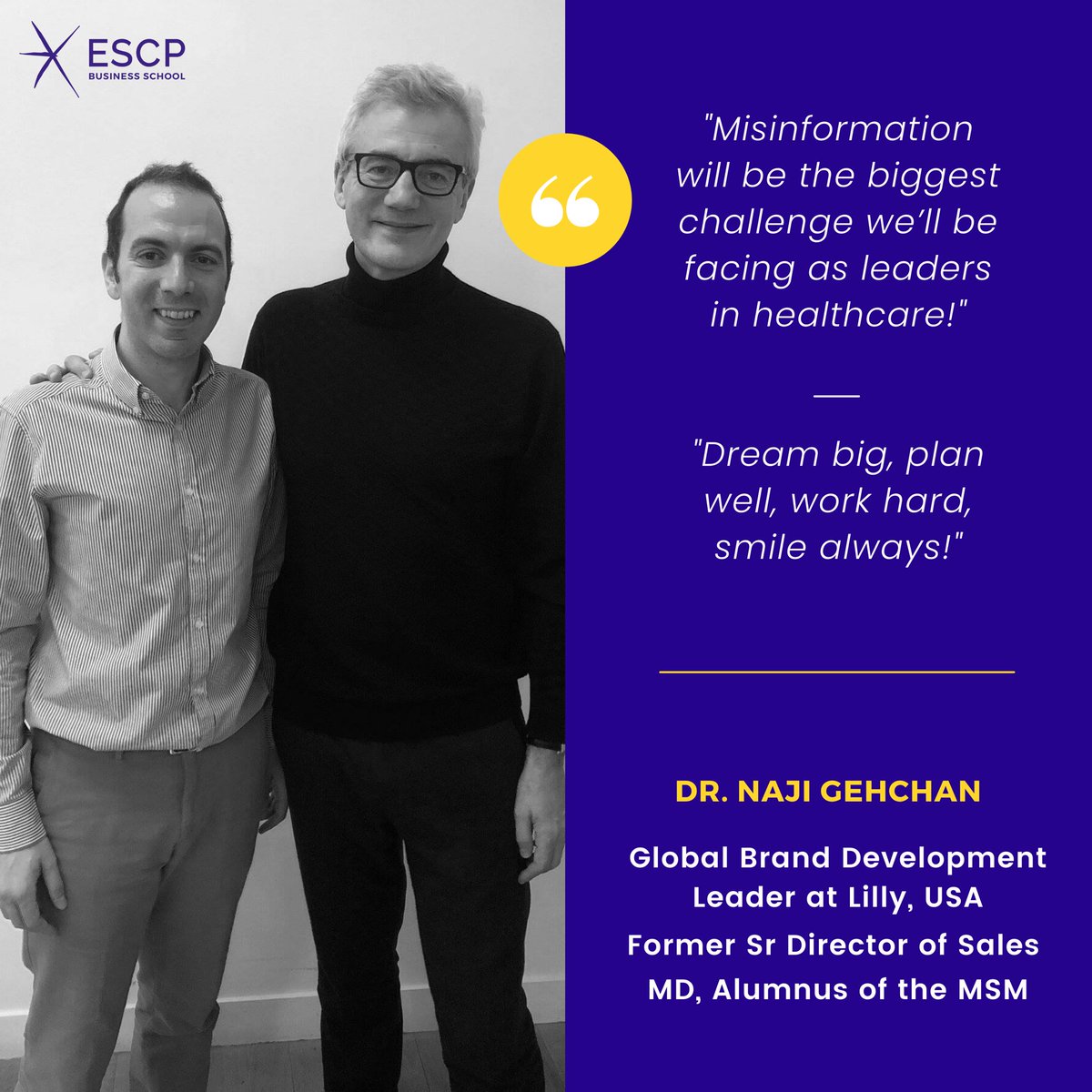 ESCP - MSc Biopharmaceutical Management (@escp_msm) on Twitter photo We had the pleasure of meeting Dr. <a href="/NajiGehchan/">Naji Gehchan</a>, MD, alumnus of the MSM and Global Brand Development Leader at <a href="/LillyPad/">Former Account of Eli Lilly and Company</a> USA. He gave us his point of view on the (r)evolutions in the #healthcare world and the specifics of the #Americanmarket.
Thank you Naji for your availability We had the pleasure of meeting Dr. <a href="/NajiGehchan/">Naji Gehchan</a>, MD, alumnus of the MSM and Global Brand Development Leader at <a href="/LillyPad/">Former Account of Eli Lilly and Company</a> USA. He gave us his point of view on the (r)evolutions in the #healthcare world and the specifics of the #Americanmarket.
Thank you Naji for your availability