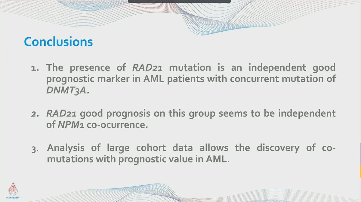CONGRESS | #ASH2021 | Raúl Azibeiro Melchor, shows co-mutation of RAD21 in DNMT3A mutated #AML has a positive effect on survival, independent of NPM1 co-occurrence. #leusm
