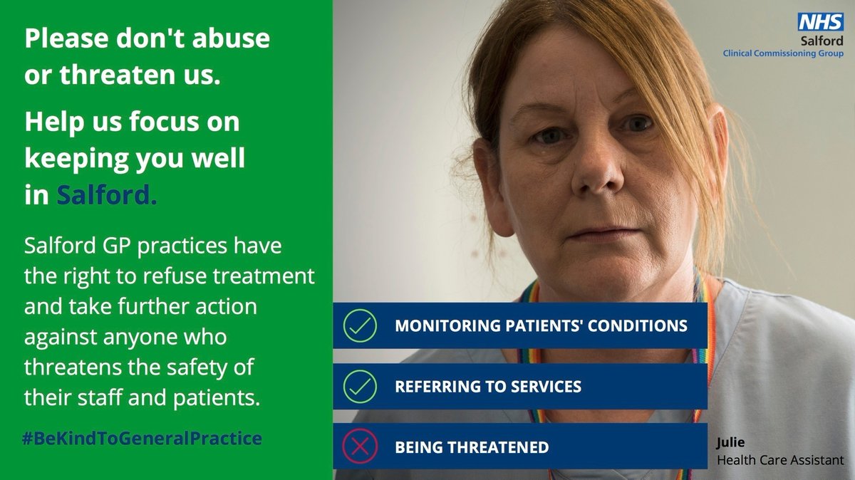 SalfordPCN's tweet photo. Primary care is busier than ever as we deal with the backlog caused by the pandemic. We’re all trying our best to help every patient, so they receive the right advice and appointment when needed and don’t deserve abuse. #BeKindToGeneralPractice @SalfordCouncil @NHSEngland https://t.co/R3GRS9u6De