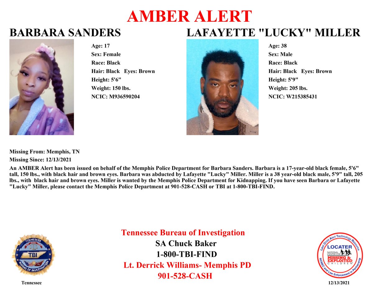 TBInvestigation's tweet image. MORE: Barbara Sanders is 5’6”, 150 lbs., with brown eyes and black hair.

Miller is 5’9”, 205 lbs., with brown eyes and black hair.

If you have seen Barbara Sanders or Lafayette “Lucky” Miller or have information about their whereabouts call 1-800-TBI-FIND.
#TNAMBERAlert
