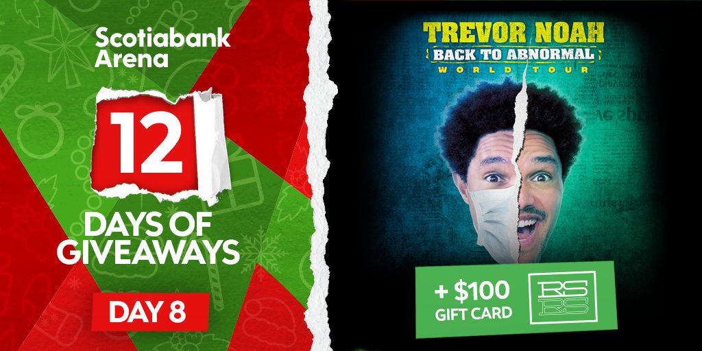 ScotiabankArena's tweet photo. It's DAY  8️⃣ of our 12 Days of Giveaways 🎁 FOLLOW US + RETWEET + TAG A FRIEND for a chance to WIN a pair of tickets to see @Trevornoah on October 1, 2022  + $100 at @realsports!

Rules: https://t.co/YNHEVpHjei https://t.co/waua0pbeMW