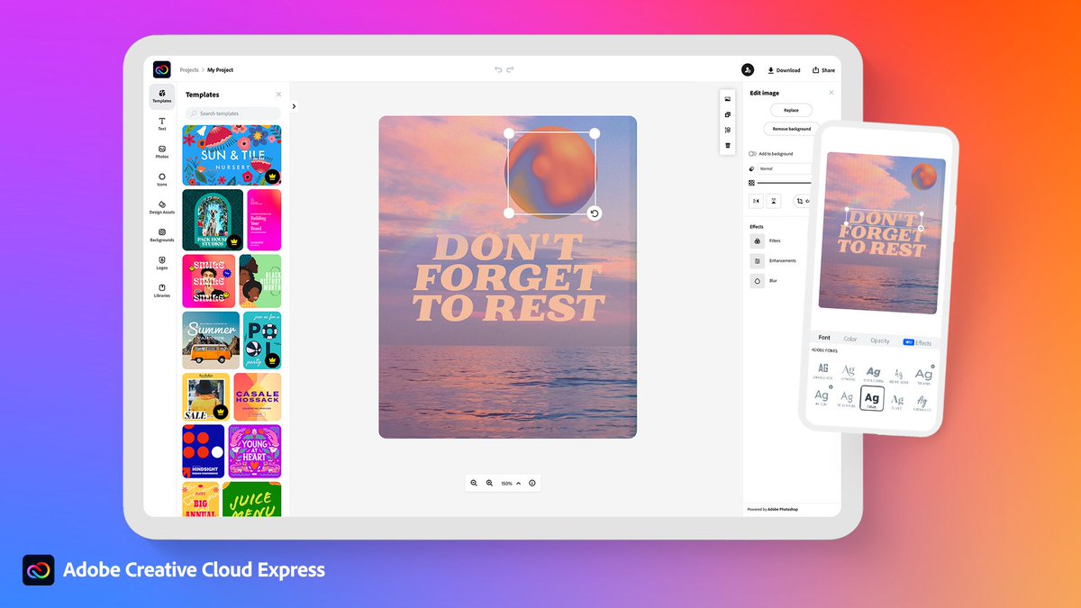 verge's tweet photo. Adobe launches Creative Cloud Express, a new app that simplifies its powerful editing tools https://t.co/ME6zxT9cws https://t.co/FW2qHQBcKc