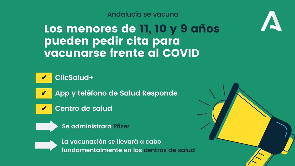 📆 Andalucía abre la cita para vacunarse frente al #COVIDー19 a todos los menores de 11, 10 y 9 años y de 5 a 11 años que tengan alguna patología incluida en el grupo 7.

💉💉Se administrarán dos dosis de Pfizer, en un intervalo de ocho semanas.

#AndalucíaSeVacuna