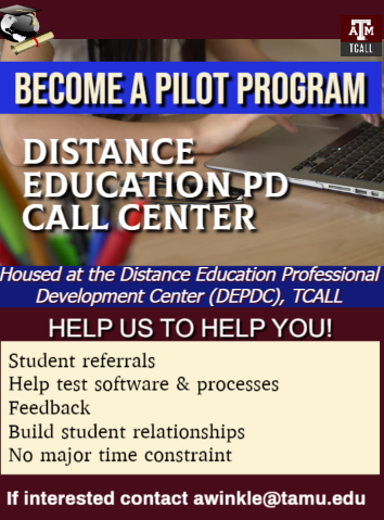 msashlylcot's tweet photo. Attention Texas Adult Educators! We are looking for programs to help us pilot our DEPDC Call Center in January! If interested, please email Ashly Winkle at awinkle@tamu.edu. #DEPDC #TCALL #TRAINPD #adulted #texasael https://t.co/yRAvD5ZgDv