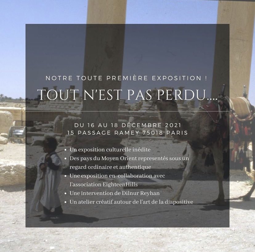 EXPOSITION 🖼

« Tout n’est pas perdu » de <a href="/mysticdiapo/">MysticDiapo Project</a> en collaboration avec l’association Eighteen Hills !
Diapositives des pays du Moyen et Proche Orient 🎞

🗓 ouverte au public du 16 au 18 décembre

📍La Maison des Assos
15 passage Ramey, 75018 Paris

Entrée gratuite 🆓