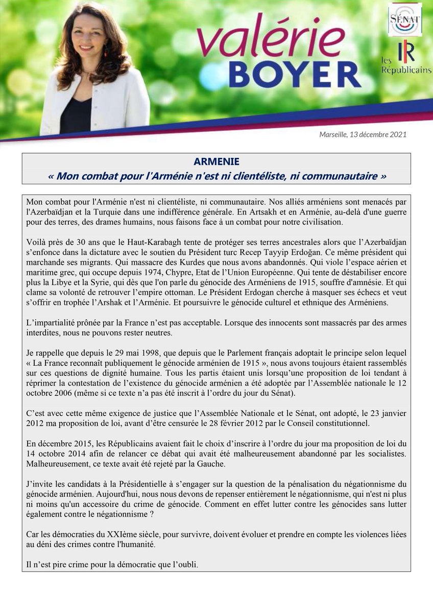 valerieboyer13's tweet photo. Mon combat pour l'#Arménie n'est ni clientéliste, ni communautaire. Retrouvez mon communiqué ⤵️ https://t.co/dWClHqVUwr