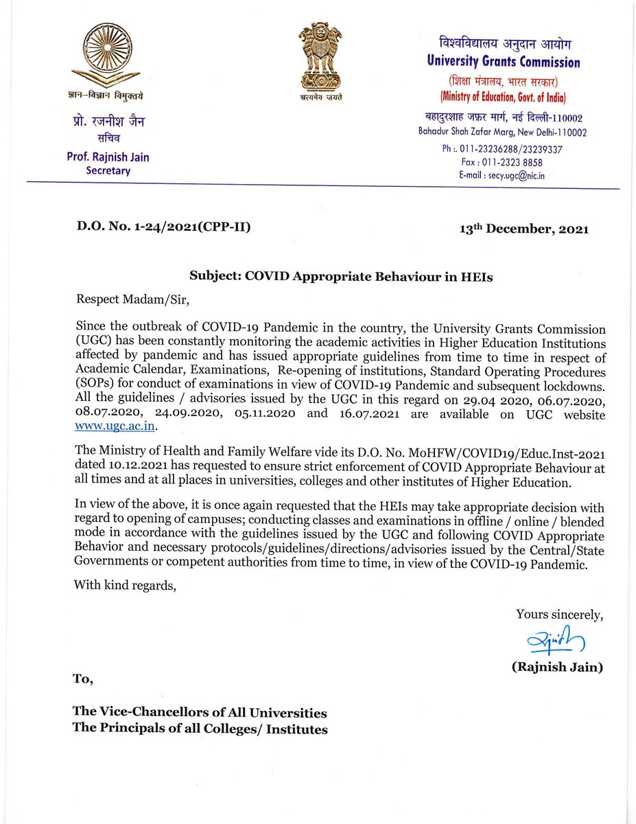 ugc_india's tweet photo. UGC letter regarding COVID appropriate behaviour in Higher Education Institutions https://t.co/ACjng1iDGw