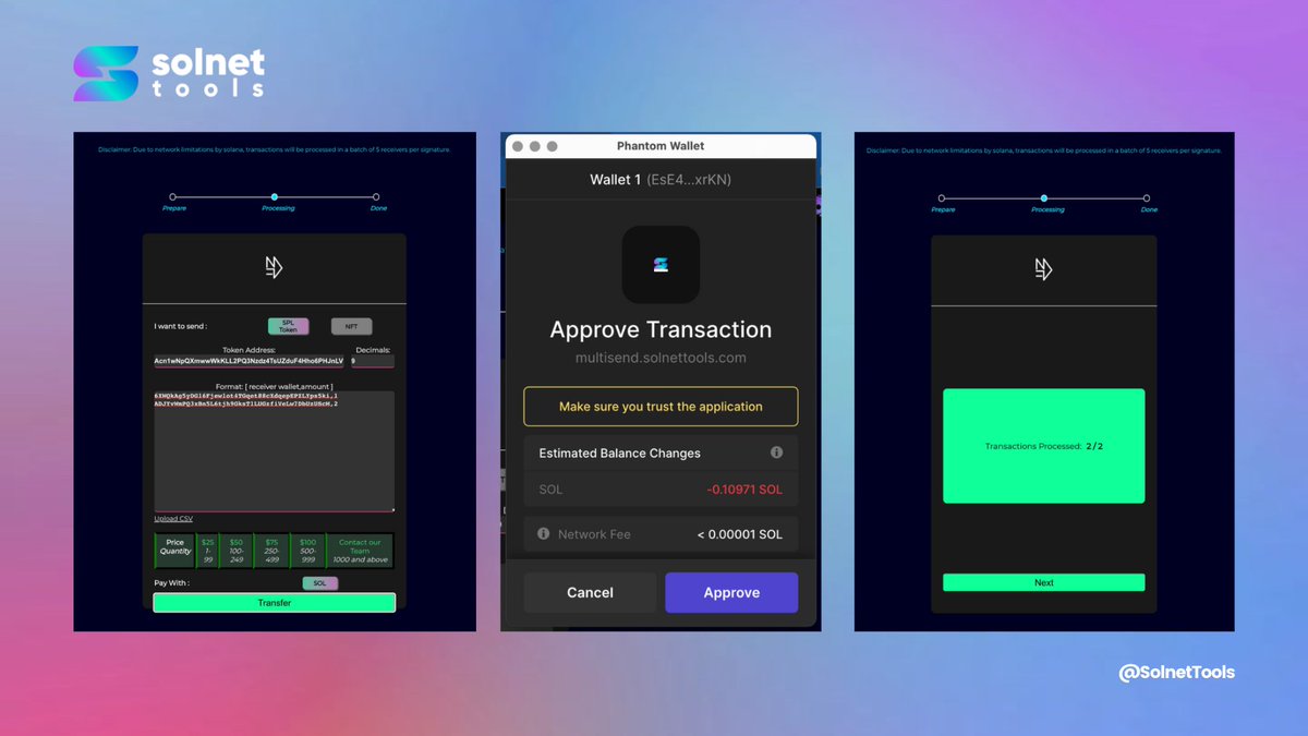 SolnetTools's tweet photo. Sending SPL tokens to multiple addresses can be tedious… good thing we use 👇👇

👉 https://t.co/dZTMvXsMT6

An easy 3-step transaction!

#NFTs #NFTMarket #DigitalArt #Crypto #SolanaNetwork #Solana #SolnetTools https://t.co/6zZJ6mVjp1