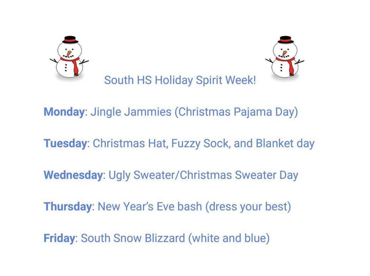 SHSRebelSS's tweet photo. Get into the holiday spirit and participate in this week’s SPIRIT WEEK themes 🎄🎅 https://t.co/JCkT5LbyBJ