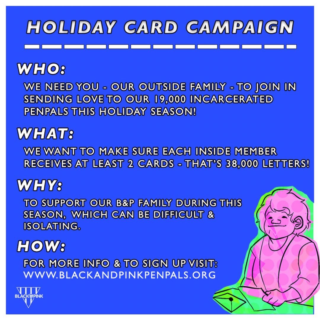 BLACKandPINKorg's tweet image. We already have 14,111 inside members receiving holiday cards! 💌

Can you help us meet our goal of getting each of our 19,000 inside members a holiday card this season? 💞

Head to blackandpinkpenpals.org to sign up!