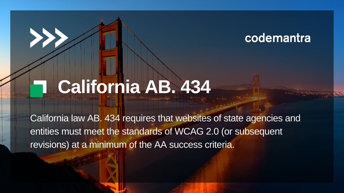 codemantra's tweet photo. Know the Law
California law AB. 434 requires that websites of state agencies and entities must meet the standards of WCAG 2.0 (or subsequent revisions) at a minimum of the AA success criteria.
Know more: https://t.co/nQrd4c6CEK
#californiaaccessibility #ab434 #accessibility https://t.co/vxGAuMnr5j