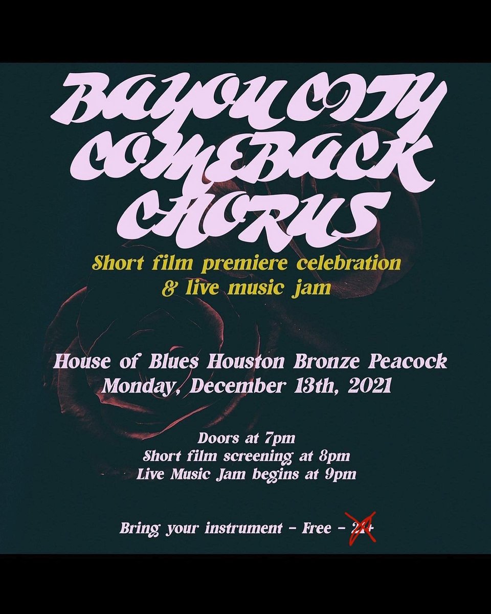 KamFranklin's tweet photo. We will have backline and mics available, but please bring your instrument and an open mind. No covers, bring your instrument.

Doors at 7
Screening at 8
Jam is 9-12

This project was partially funded by @houstonartsalliance https://t.co/qr17I8uQPL