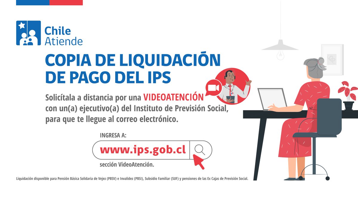 IPSChile's tweet photo. ¡Atención beneficiarios del IPS!
Si recibes una Pensión Básica, un Subsidio Familiar o una pensión de las ex cajas, puedes solicitar la liquidación de pago través de una #VideoAtención.

▶ Conéctate con un ejecutivo(a) ingresando aquí 👉https://t.co/xoauI5SC5k https://t.co/XtRwjnTqq0
