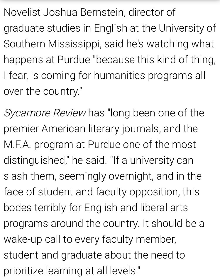 StudentsforCW's tweet photo. “Novelist Joshua Bernstein, director of graduate studies in English at the University of Southern Mississippi, said he's watching what happens at Purdue ‘because this kind of thing, I fear, is coming for humanities programs all over the country.’” #SavePurdueCW https://t.co/2WUXAaTxtK