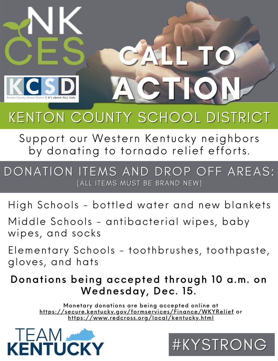 The KCSD is partnering with <a href="/NKCESKids1st/">NKCES</a> to help those impacted by the tornadoes in Western Kentucky. Click here to learn more: kenton.kyschools.us/News/70800#sth…
